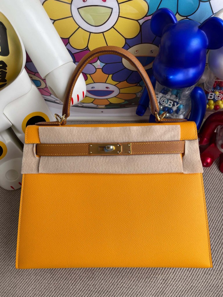 Uncle Bench Hermes Kelly 28cm Epsom 9V sun yellow & Golden brown Gold Hardware Full Handmade