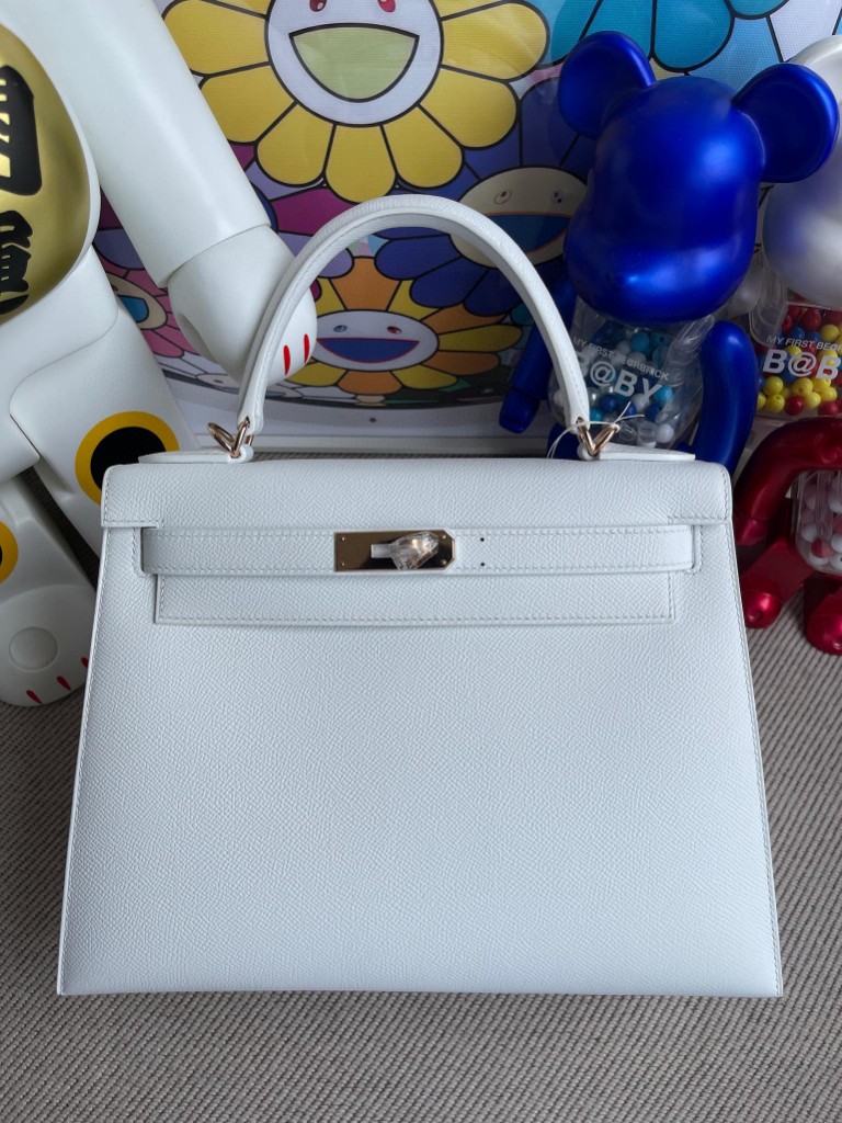 Uncle Bench Hermes Kelly 28cm Epsom 01 White rose gold Hardware Full Handmade