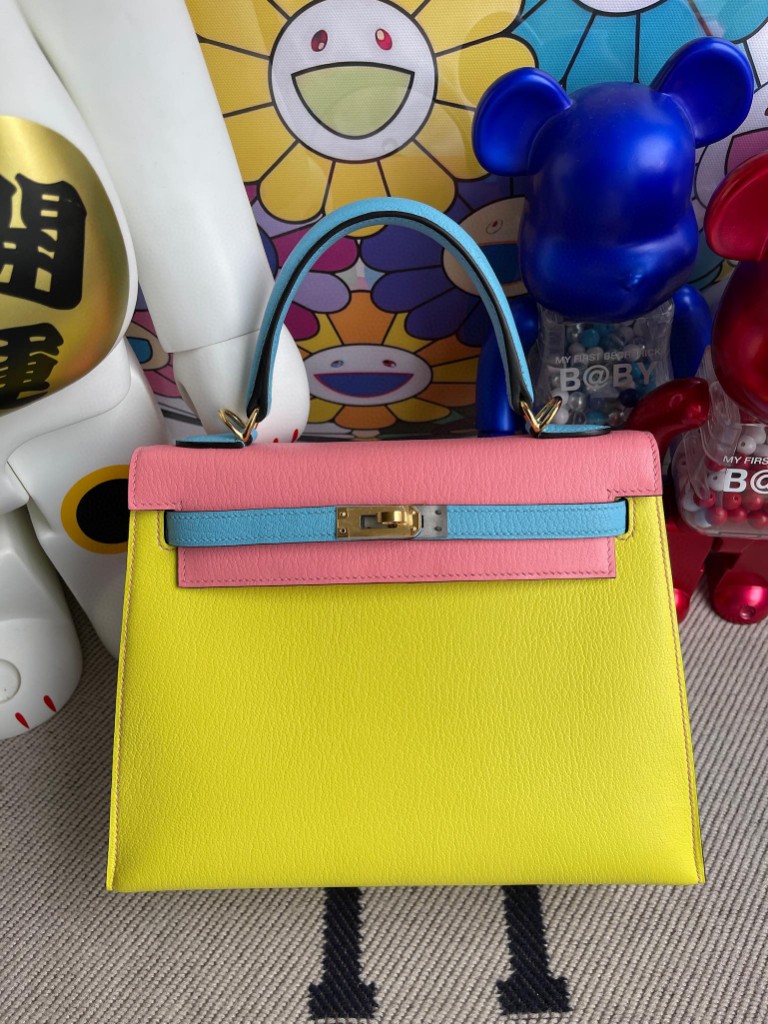 Uncle Bench Hermes Kelly 25cm Chevre yellow & blue & pink Gold Hardware Full Handmade