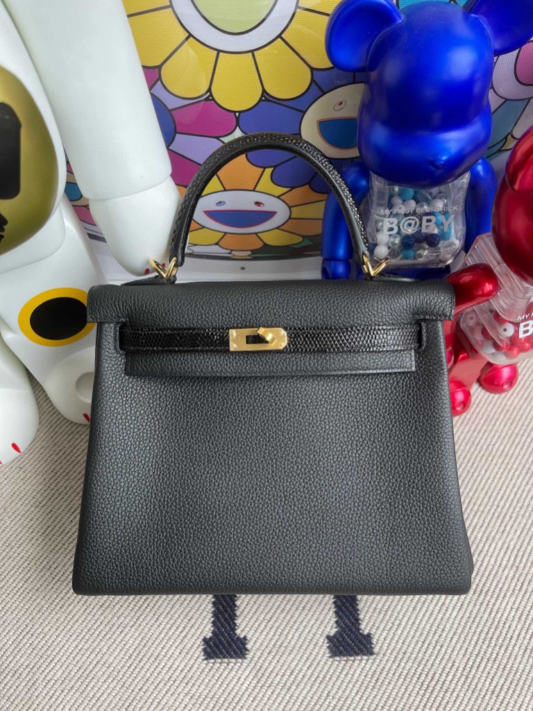 Uncle Bench Hermes Kelly 25cm Togo & lizard Black Gold Hardware Full Handmade