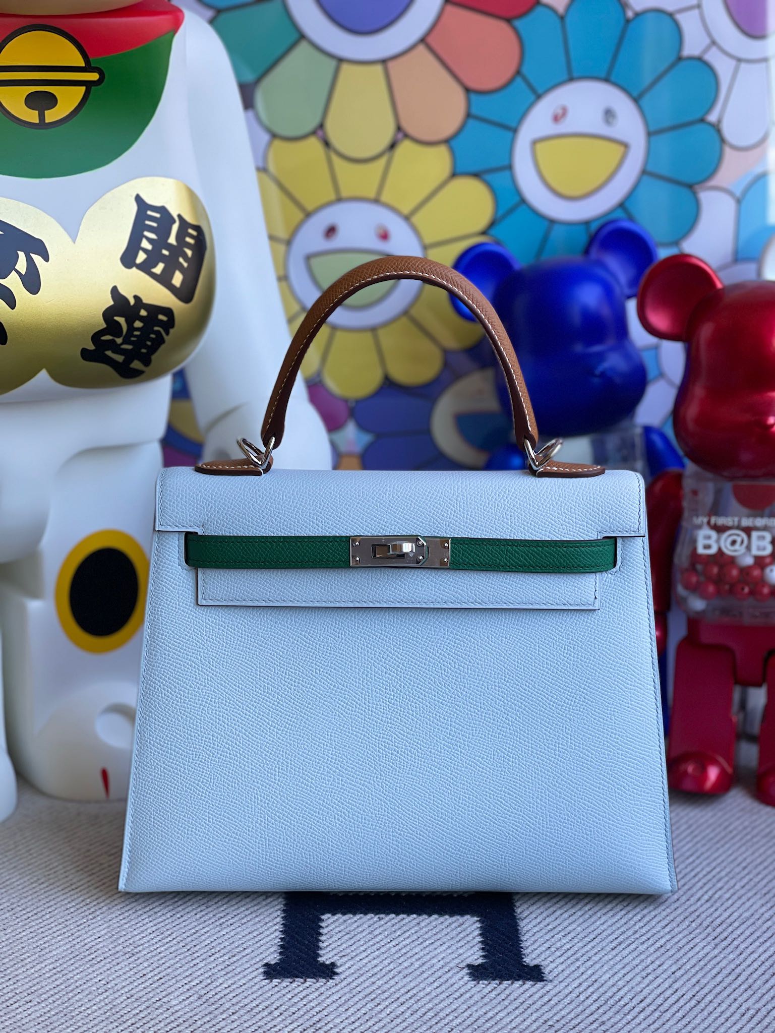 Uncle Bench Hermes Kelly 25cm Epsom light blue & Velvet green & Gold Silver Hardware Full Handmade