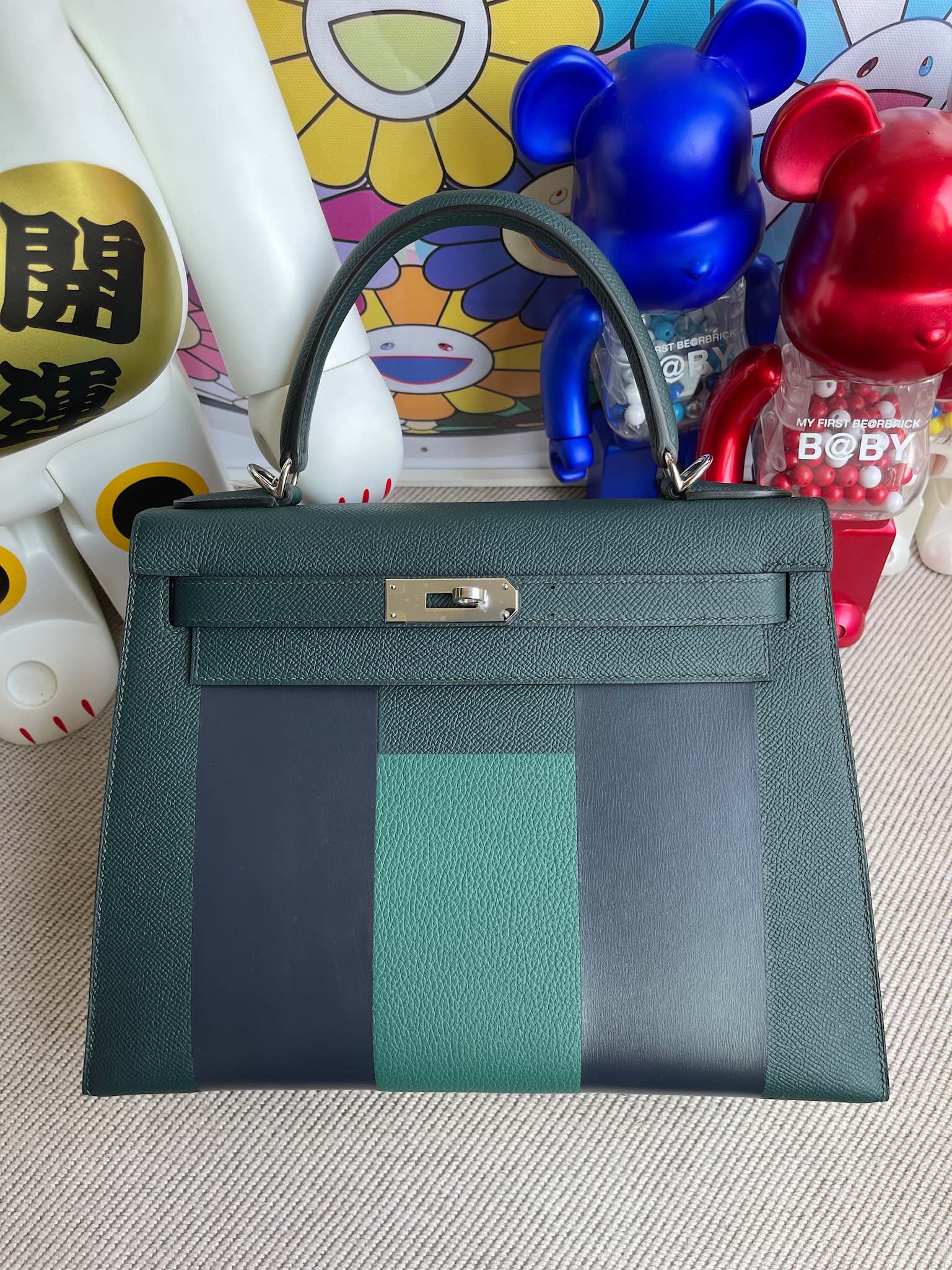 Uncle Bench Hermes Kelly 28cm Epsom letter handbag Cypress green Silver Hardware Full Handmade