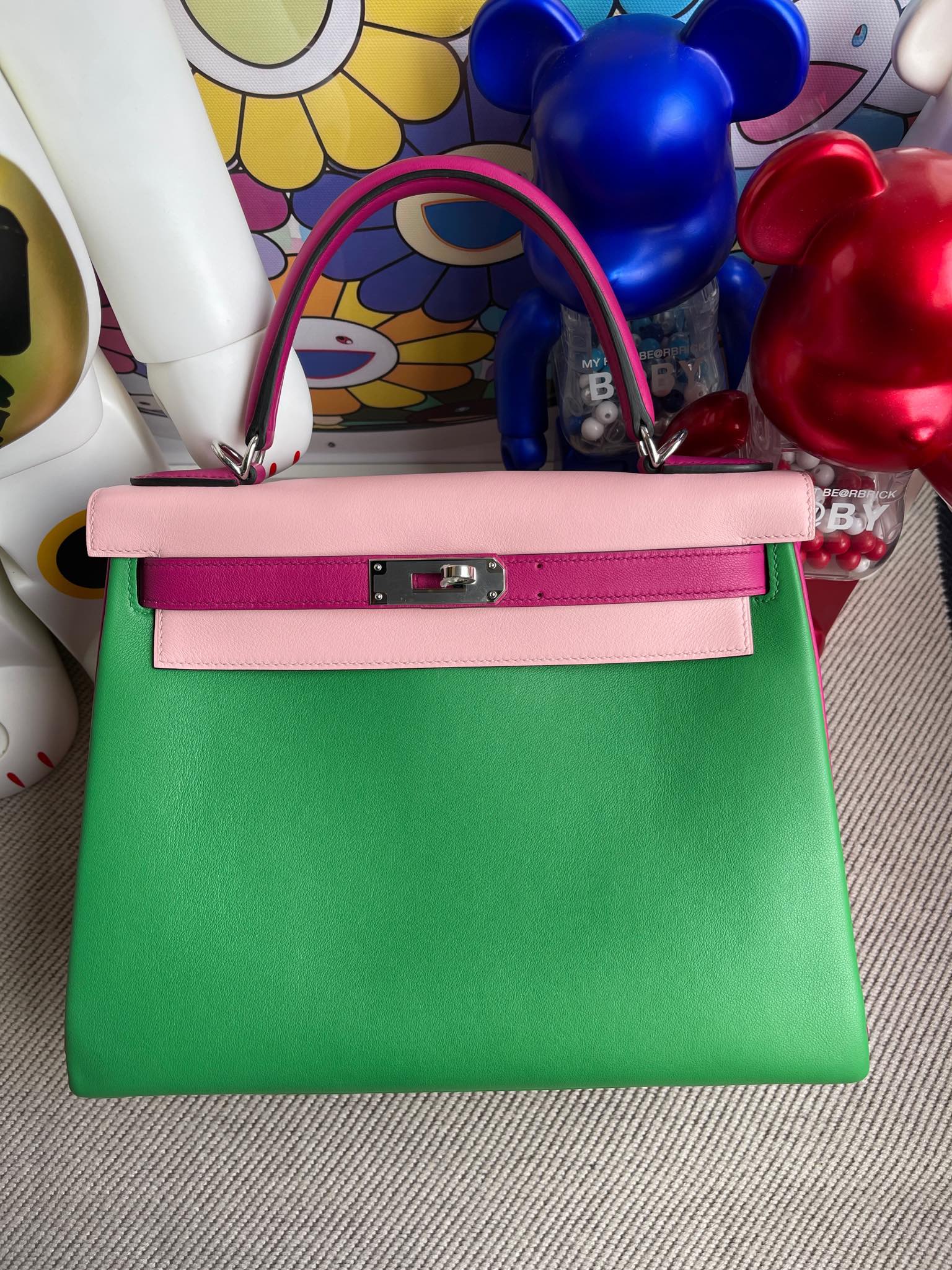 Uncle Bench Hermes Kelly 28cm Swift Bamboo green & 3Q pink & rose purple Silver Hardware Full Handmade
