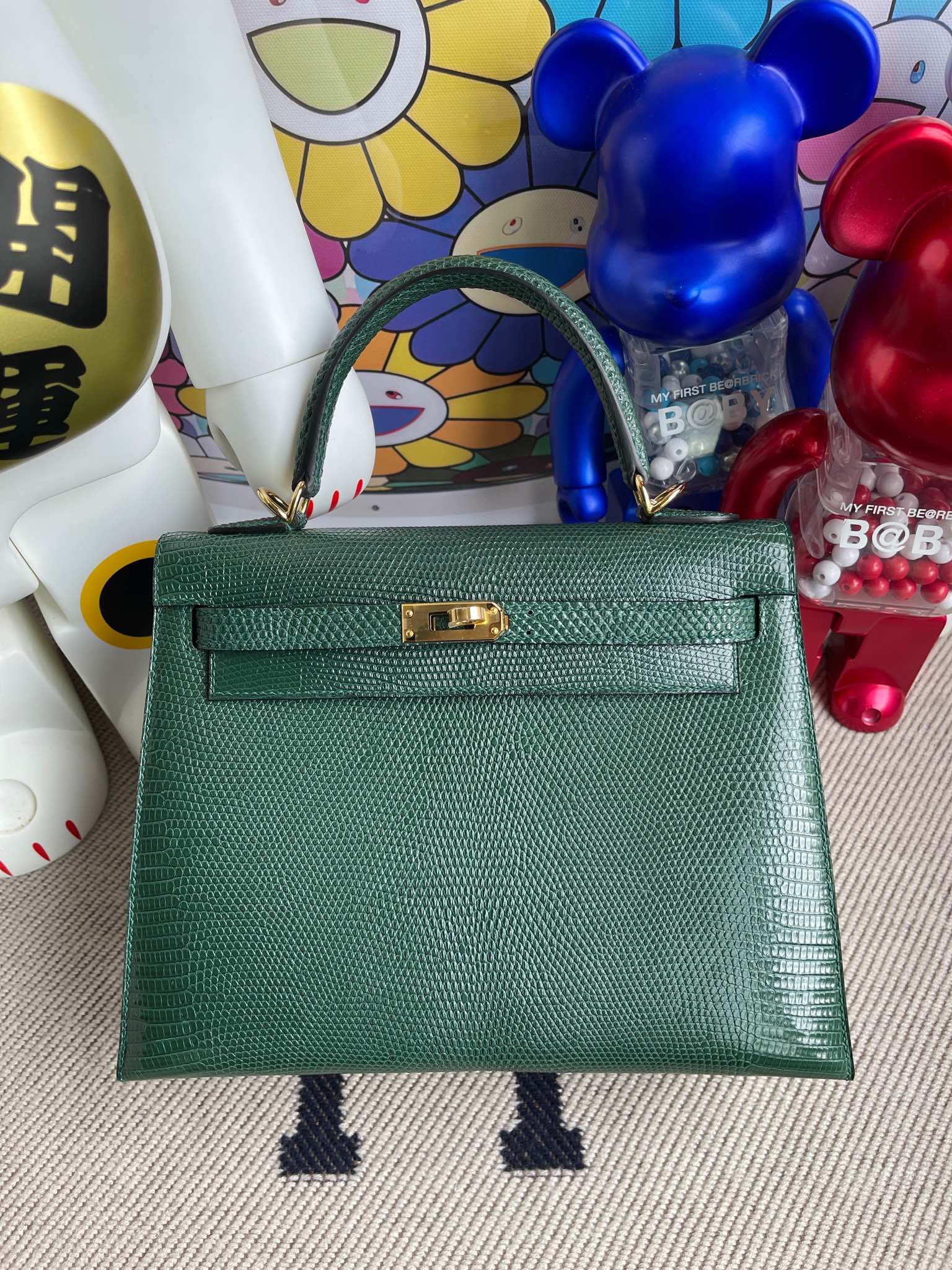 Uncle Bench Hermes Kelly 25cm Lizard ck67 Dark green Gold Hardware Full Handmade