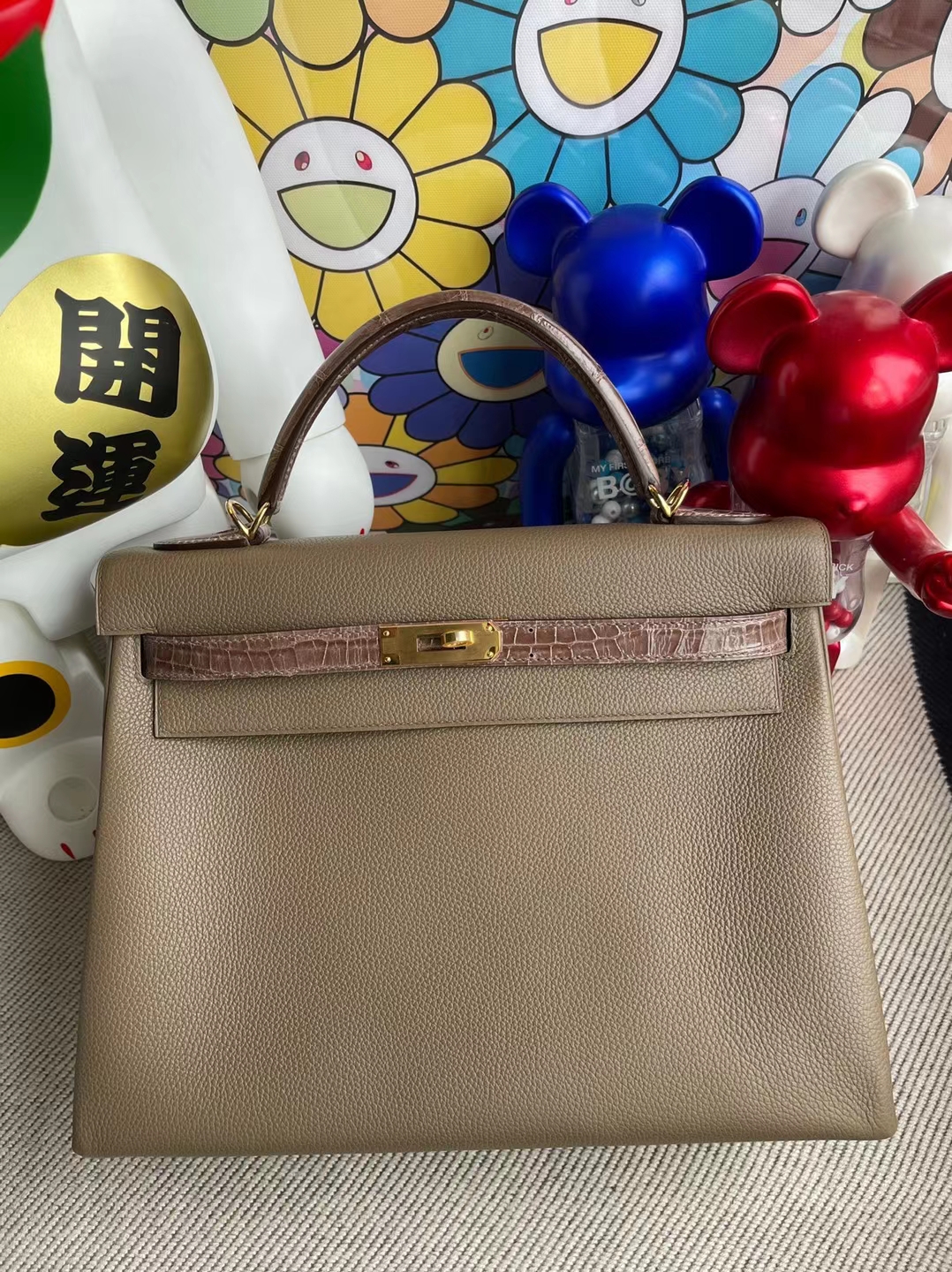 Uncle Bench Hermes Kelly 32cm Togo & shiny crocodile Ck18 Etoupe Gold Hardware Full Handmade