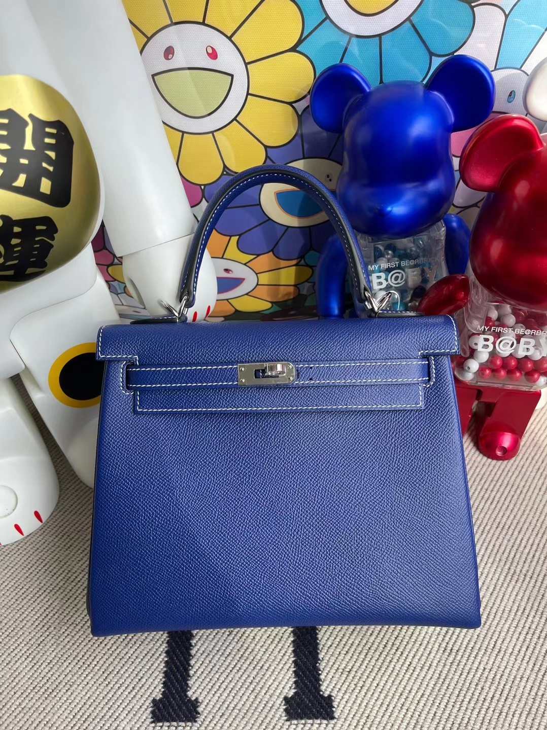 Uncle Bench Hermes Kelly 25cm Epsom 7T Sapphire blue White line Silver Hardware Full Handmade