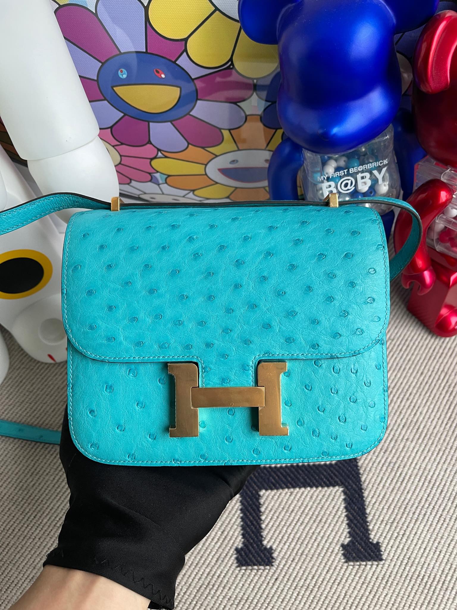 Uncle Bench Hermes Constance Osrtich kk 7F Peacock blue Gold Hardware 18cm Full Handmade