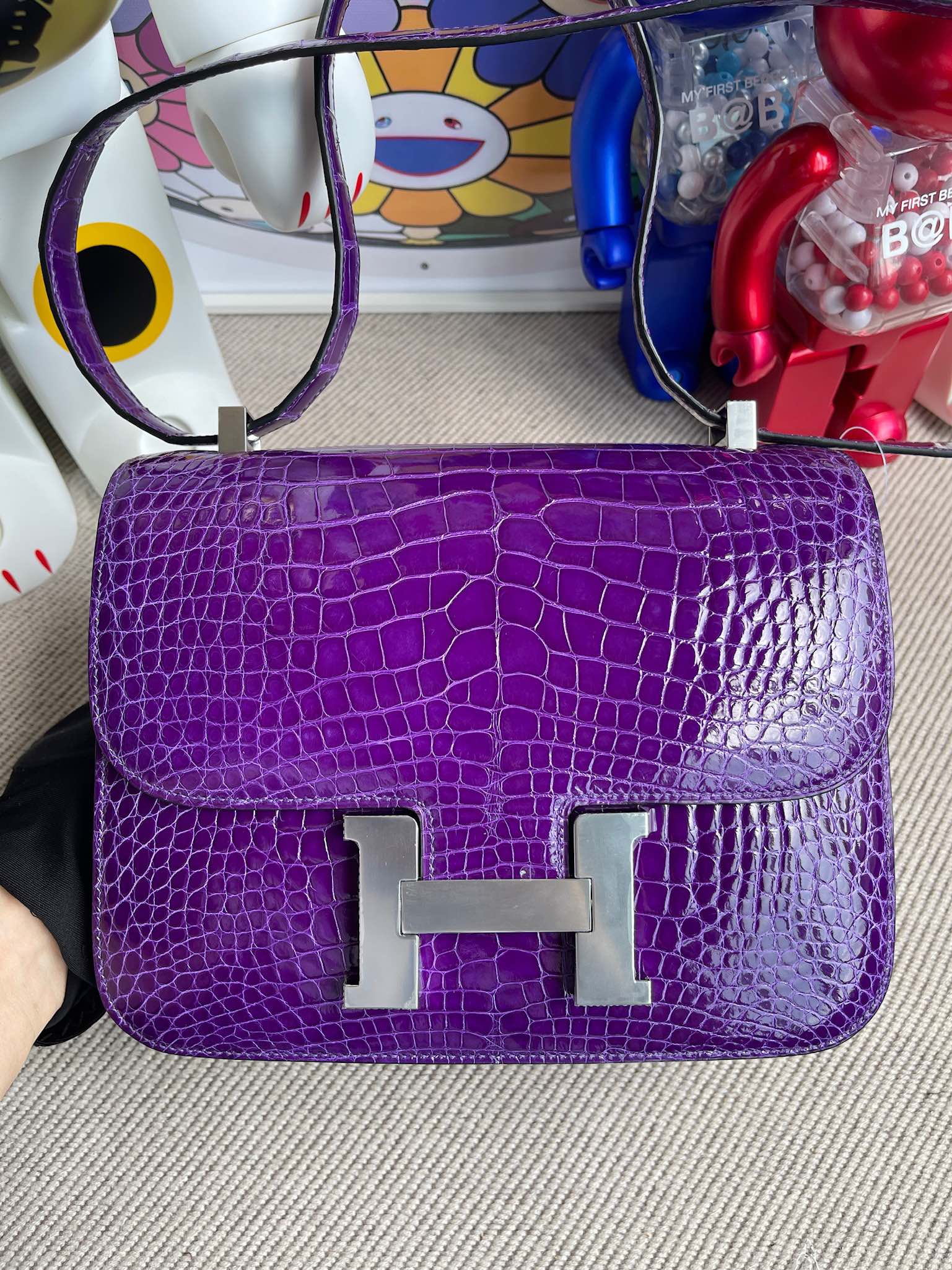 Uncle Bench Hermes Constance Alligator shiny Dark purple Silver Hardware 24cm Full Handmade