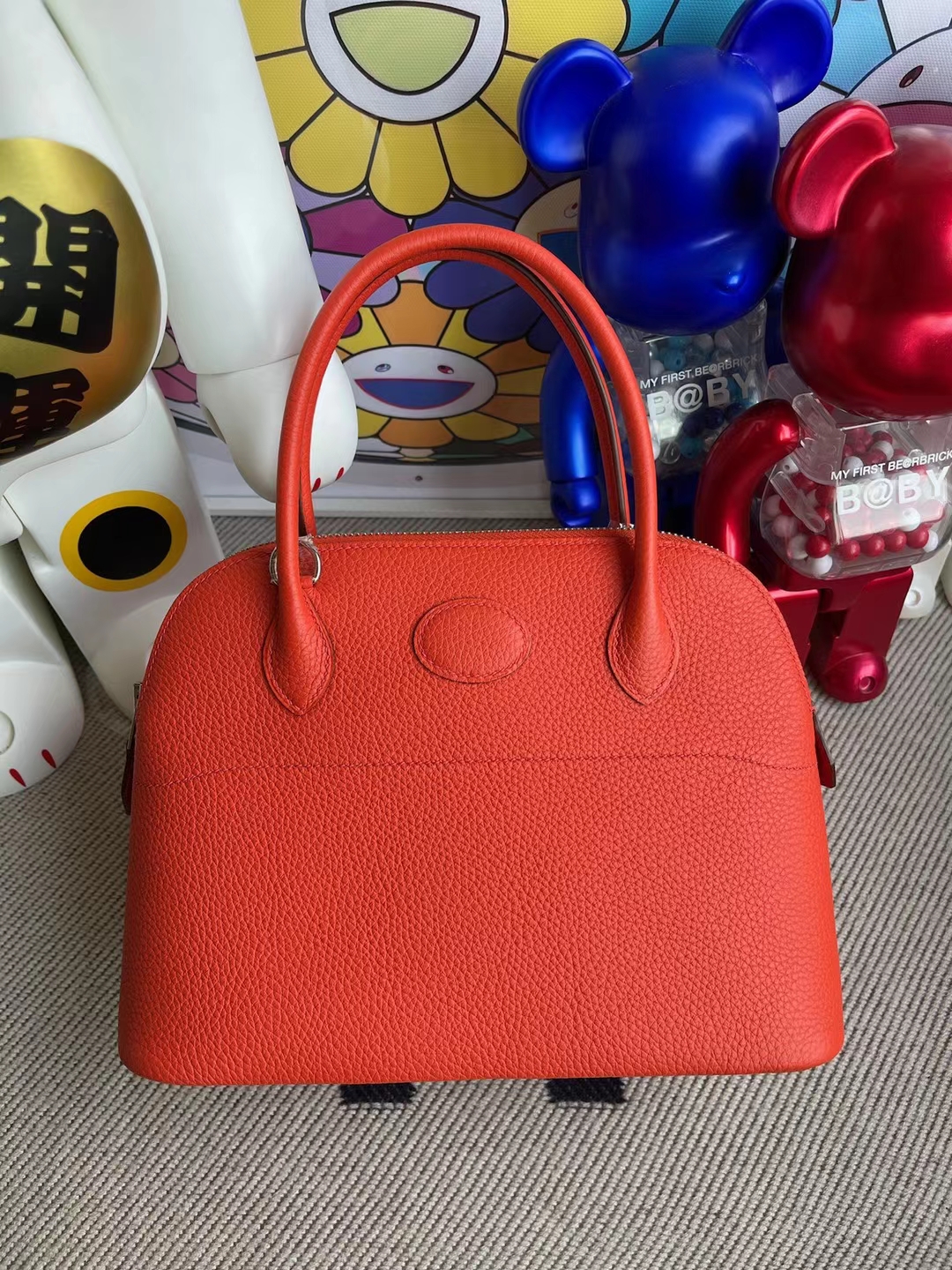 Uncle Bench Hermes Bolide Clemence 9J Bright Orange Silver Hardware 27cm Full Handmade