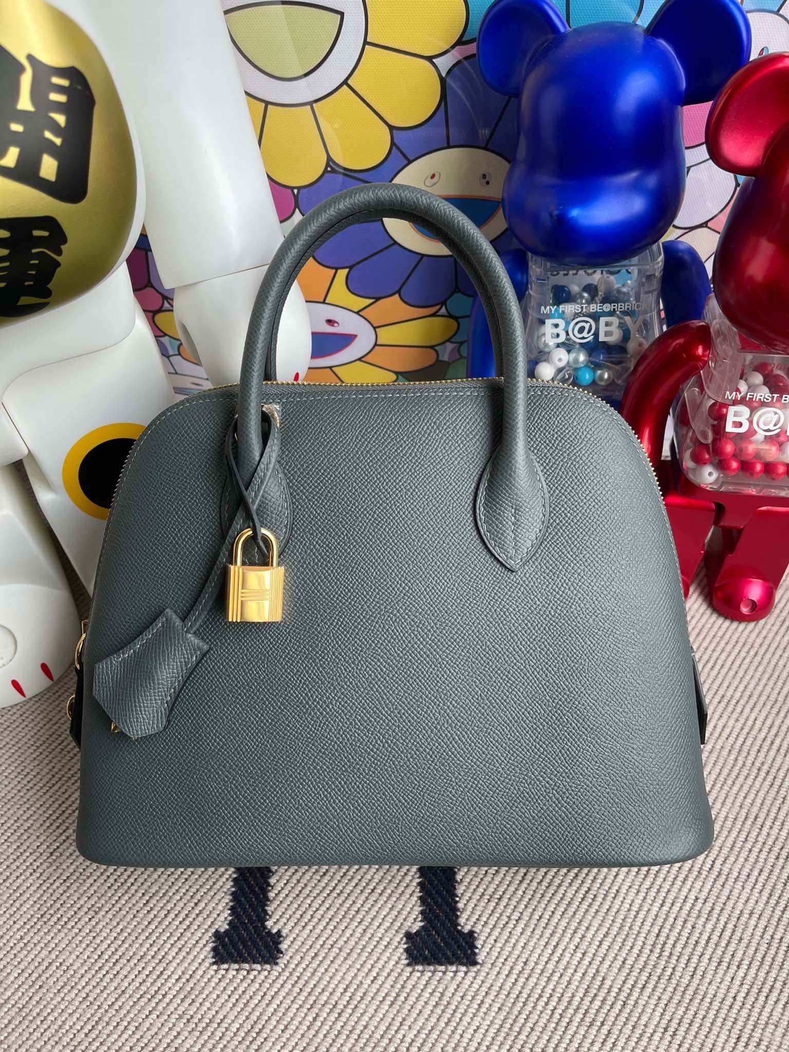 Uncle Bench Hermes Bolide Epsom Y7 stone blue pink Silver Hardware 25cm Full Handmade