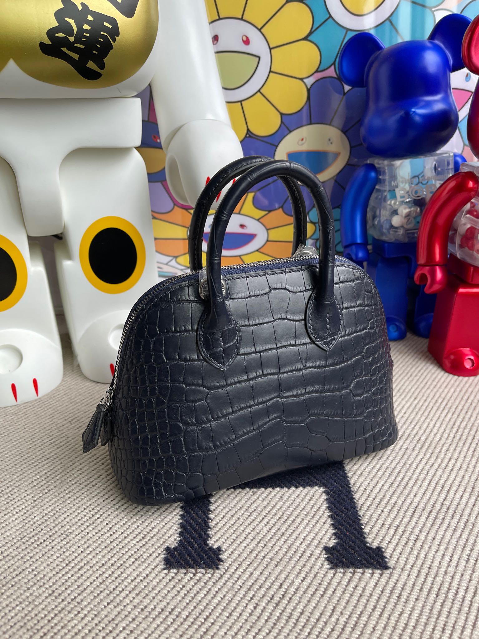 Uncle Bench Hermes Mini Bolide Alligator matt Dark blue Silver Hardware 19cm Full Handmade
