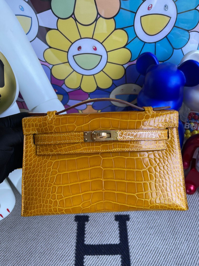 Uncle Bench Hermes kelly pochette Alligator shiny 9D Ambre Gold Hardware 22cm Full Handmade