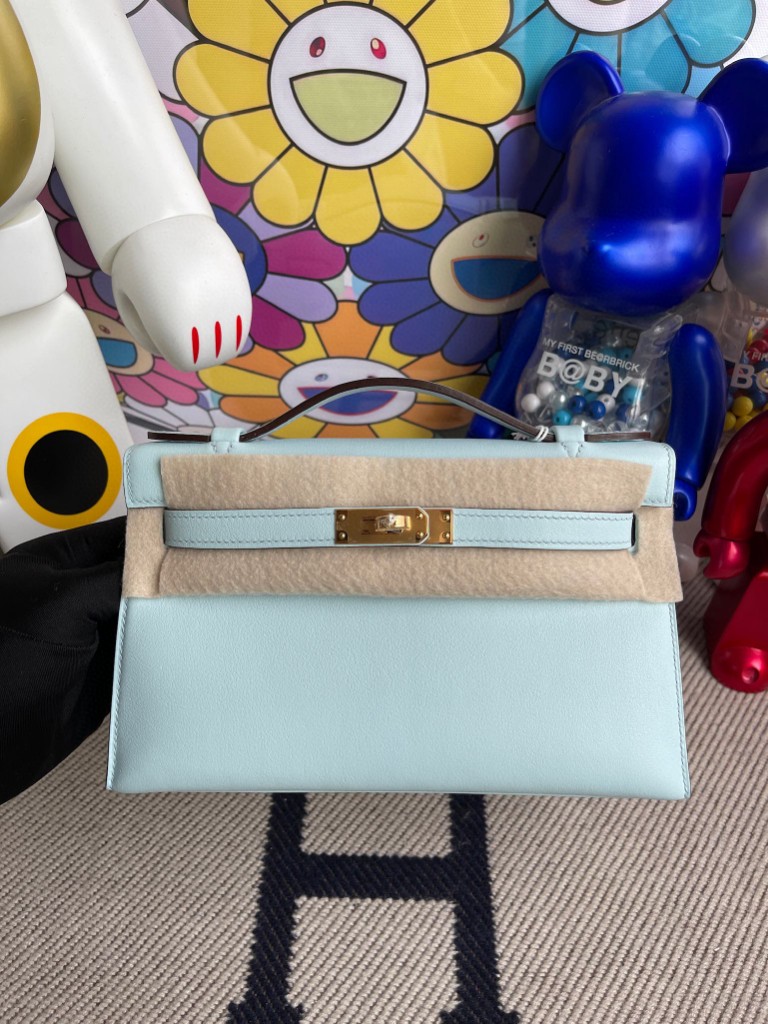 Uncle Bench Hermes kelly pochette Swift T0 blue fog Gold Hardware 22cm Full Handmade