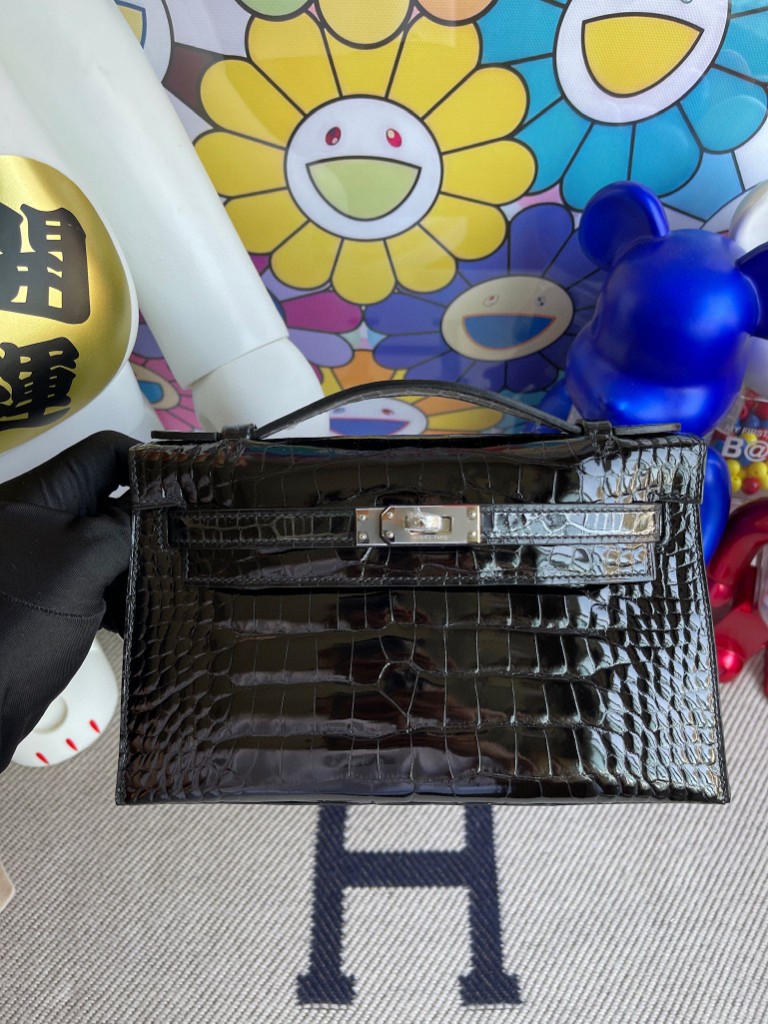 Uncle Bench Hermes kelly pochette Alligator shiny ck89 Noir Silver Hardware 22cm Full Handmade