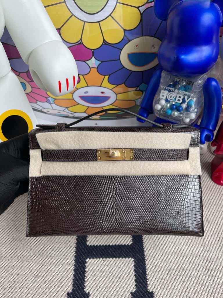 Uncle Bench Hermes kelly pochette Lizard shiny chocolate Gold Hardware 22cm Full Handmade