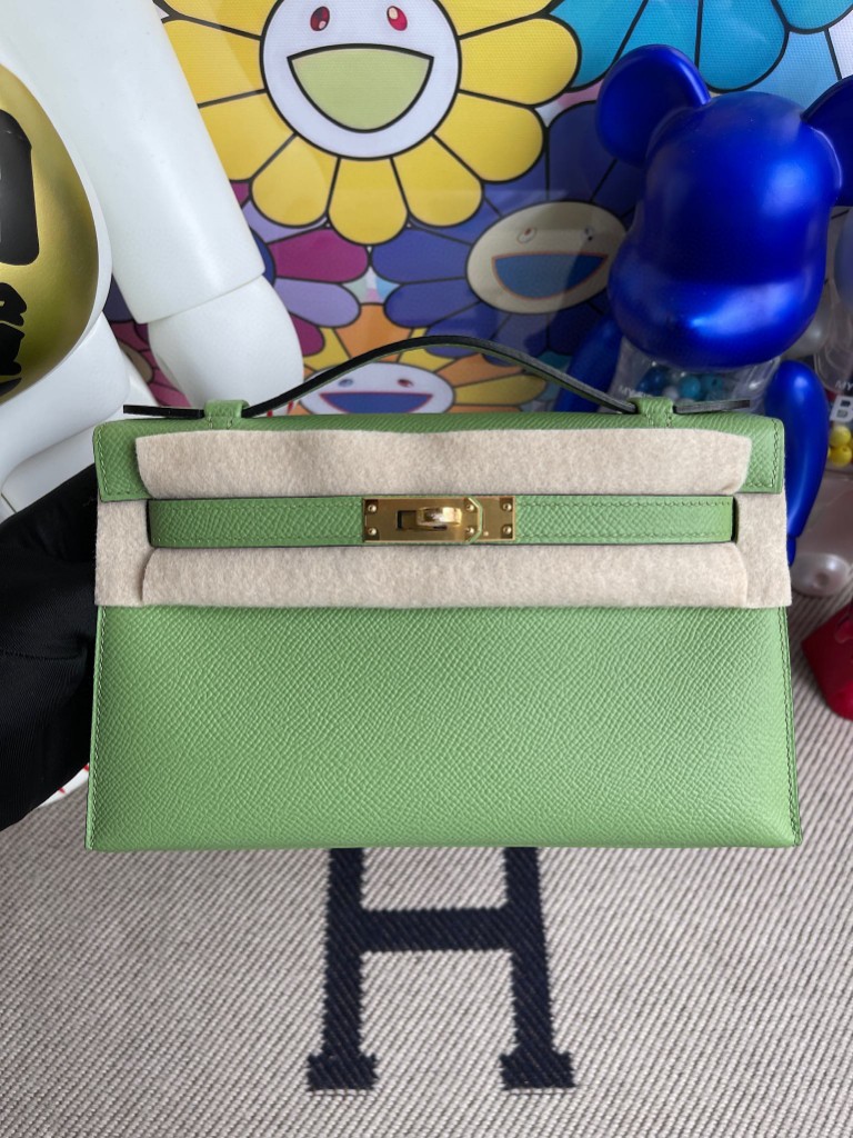 Uncle Bench Hermes kelly pochette Epsom 3I Avocado green Gold Hardware 22cm Full Handmade