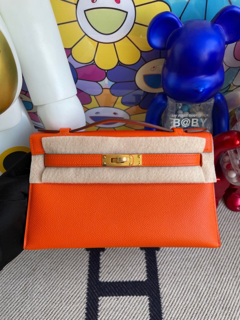 Uncle Bench Hermes kelly pochette Epsom Bright orange Gold Hardware 22cm Full Handmade