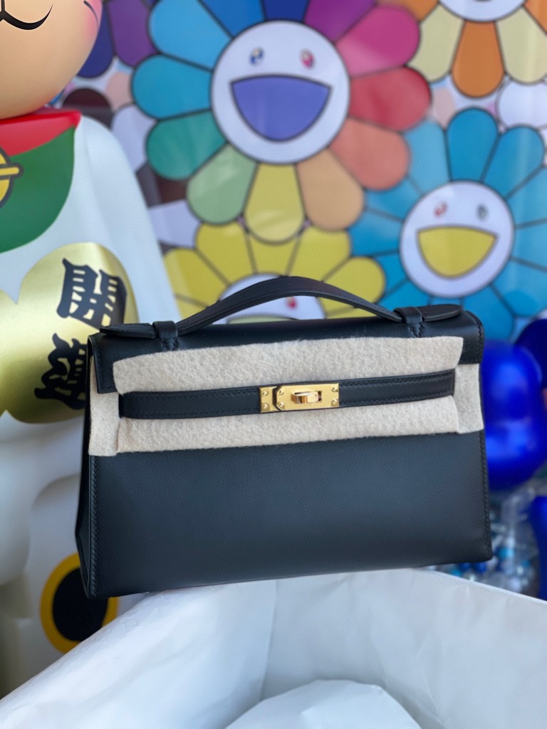Uncle Bench Hermes kelly pochette Swift ck89 Noir Gold Hardware 22cm Full Handmade