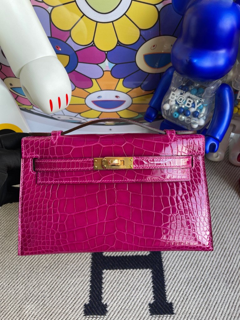 Uncle Bench Hermes kelly pochette Alligator shiny J5 Dark rose red Gold Hardware 22cm Full Handmade