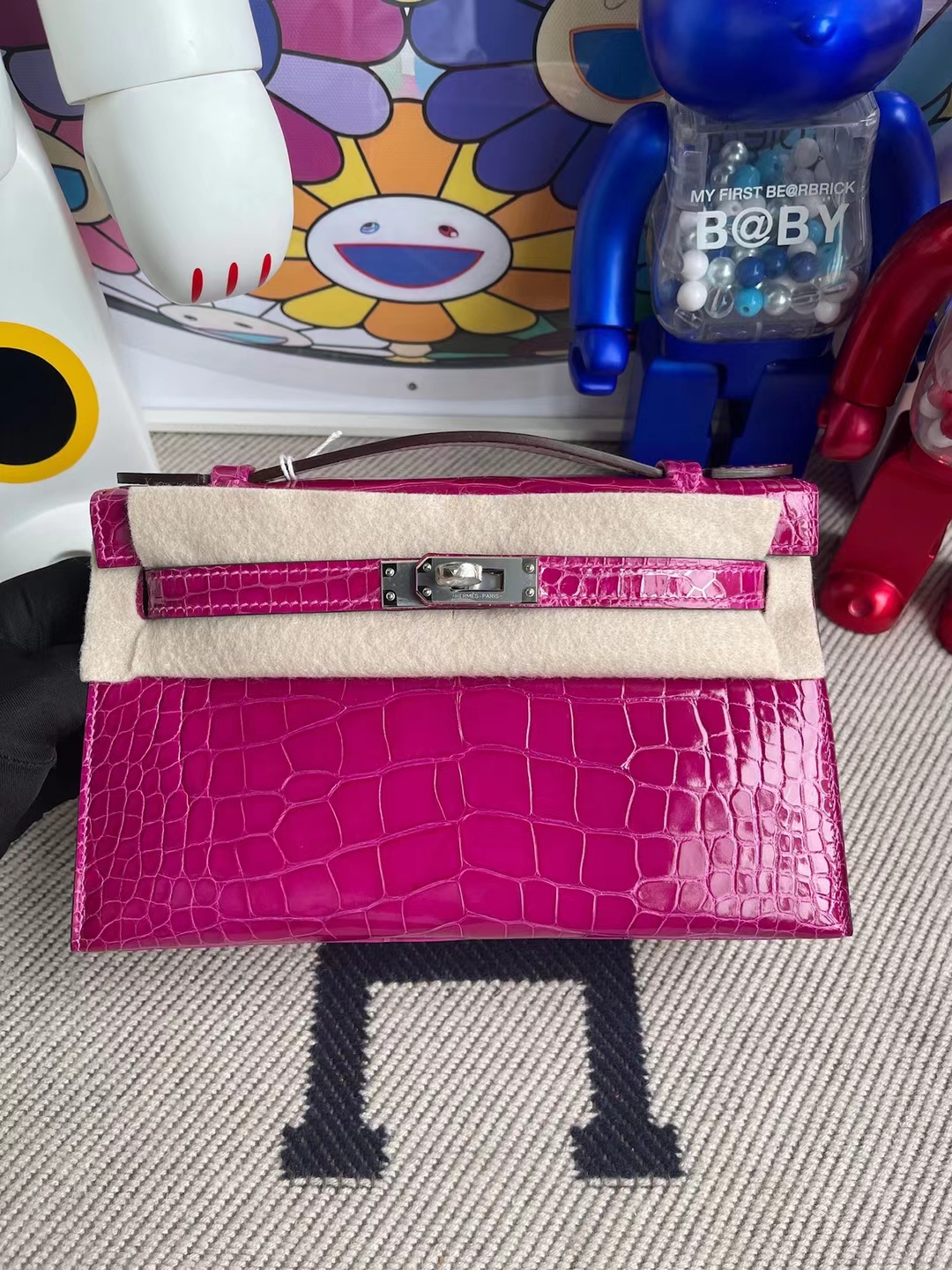Uncle Bench Hermes kelly pochette Alligator shiny J5 Dark rose red Silver Hardware 22cm Full Handmade