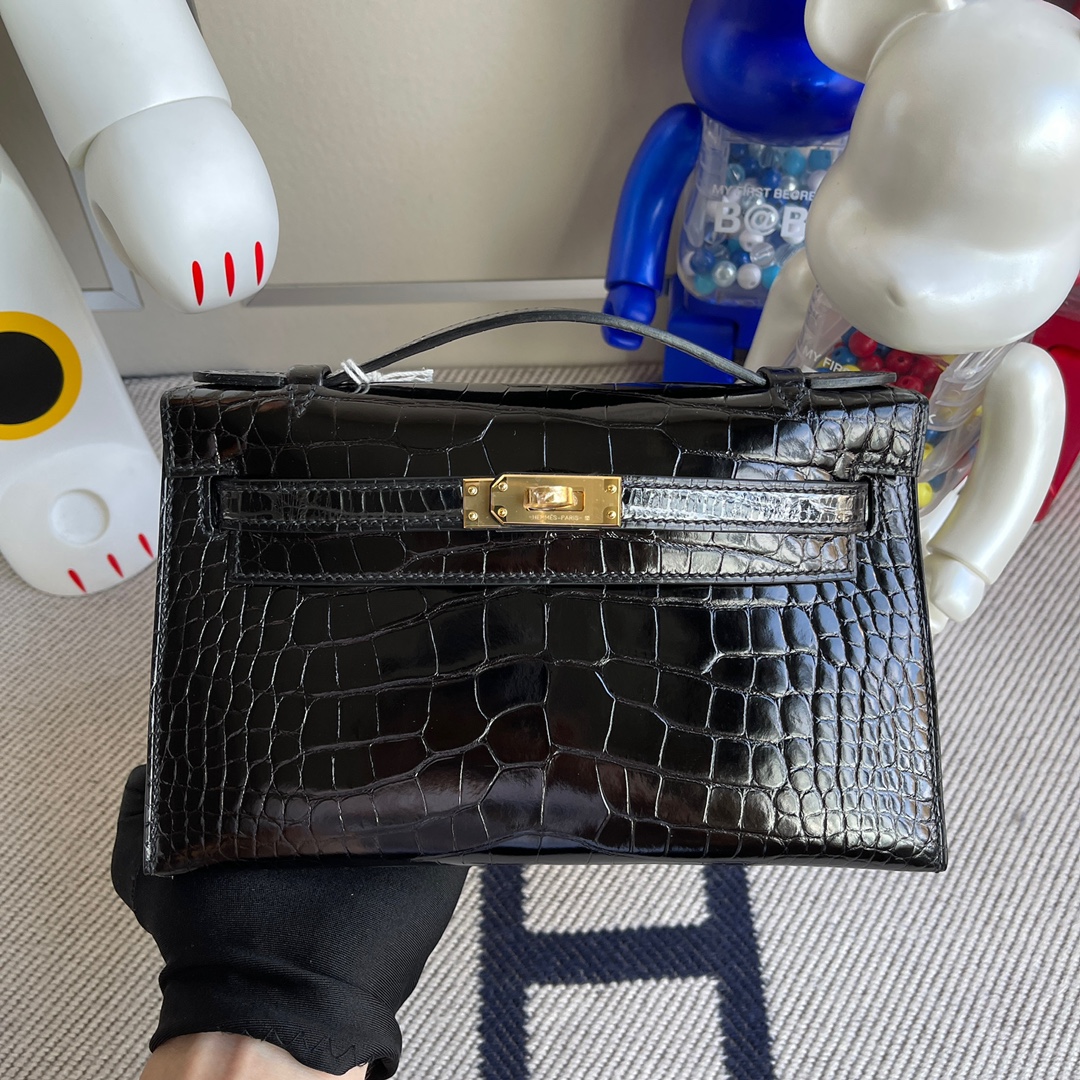 Uncle Bench Hermes kelly pochette Alligator shiny ck89 Black Gold Hardware 22cm Full Handmade
