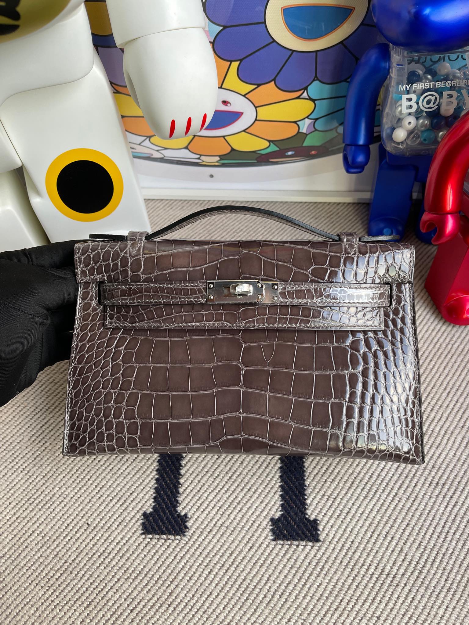 Uncle Bench Hermes kelly pochette Alligator shiny graphite Silver Hardware 22cm Full Handmade