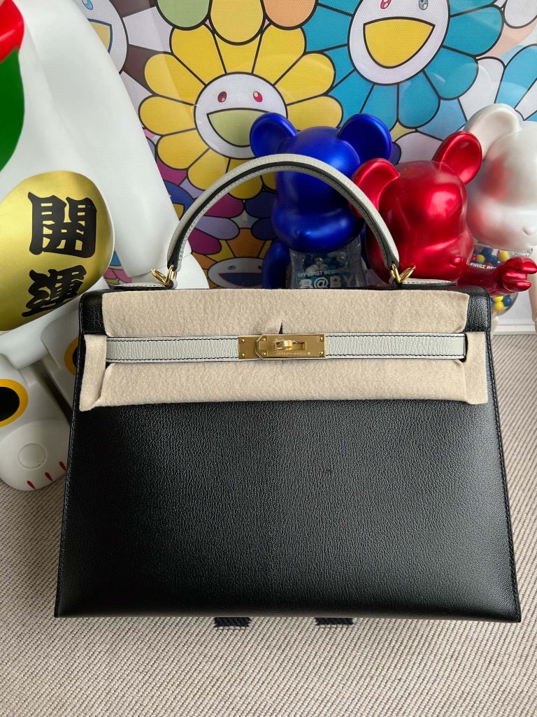 Uncle Bench Hermes kelly Chevre Black & Gull grey Gold Hardware 32cm Full Handmade