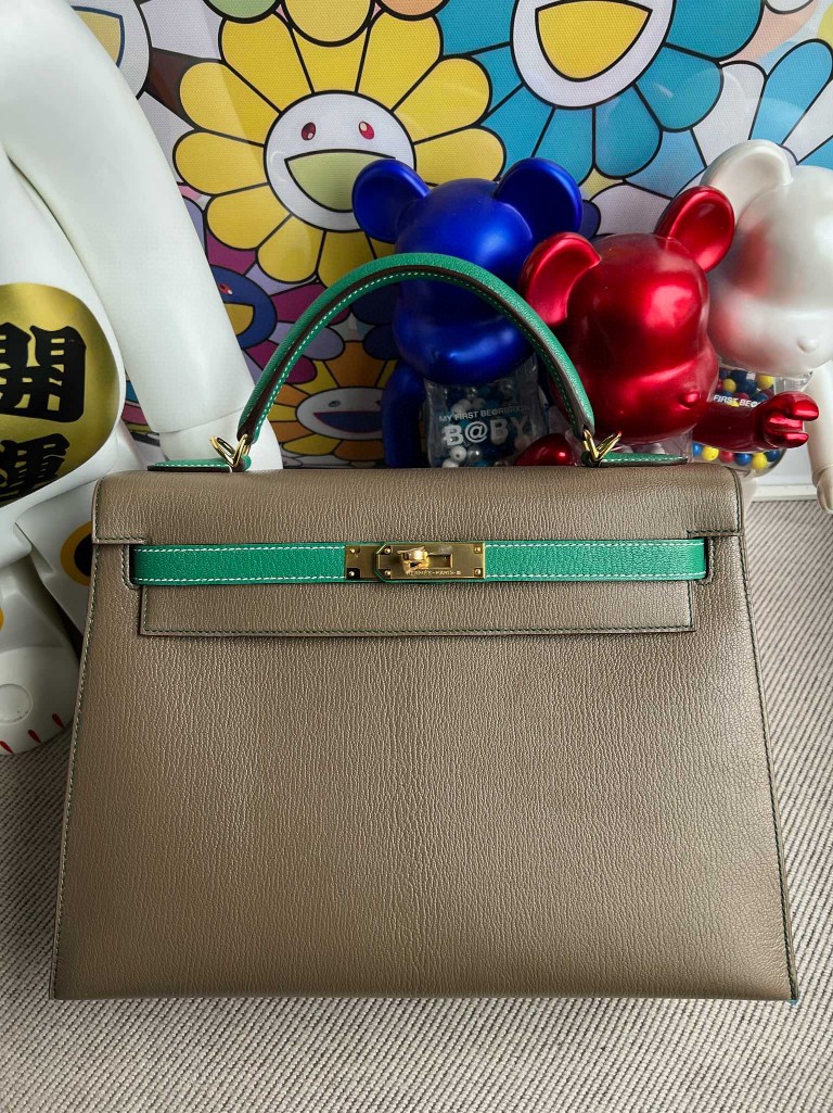 Uncle Bench Hermes kelly Chevre Etoupe & Velvet green Gold Hardware 32cm Full Handmade