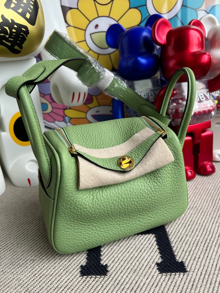 Uncle Bench Hermes Mini lindy Taurillon Clemence 3I Avocado green Gold Hardware 20cm Full Handmade