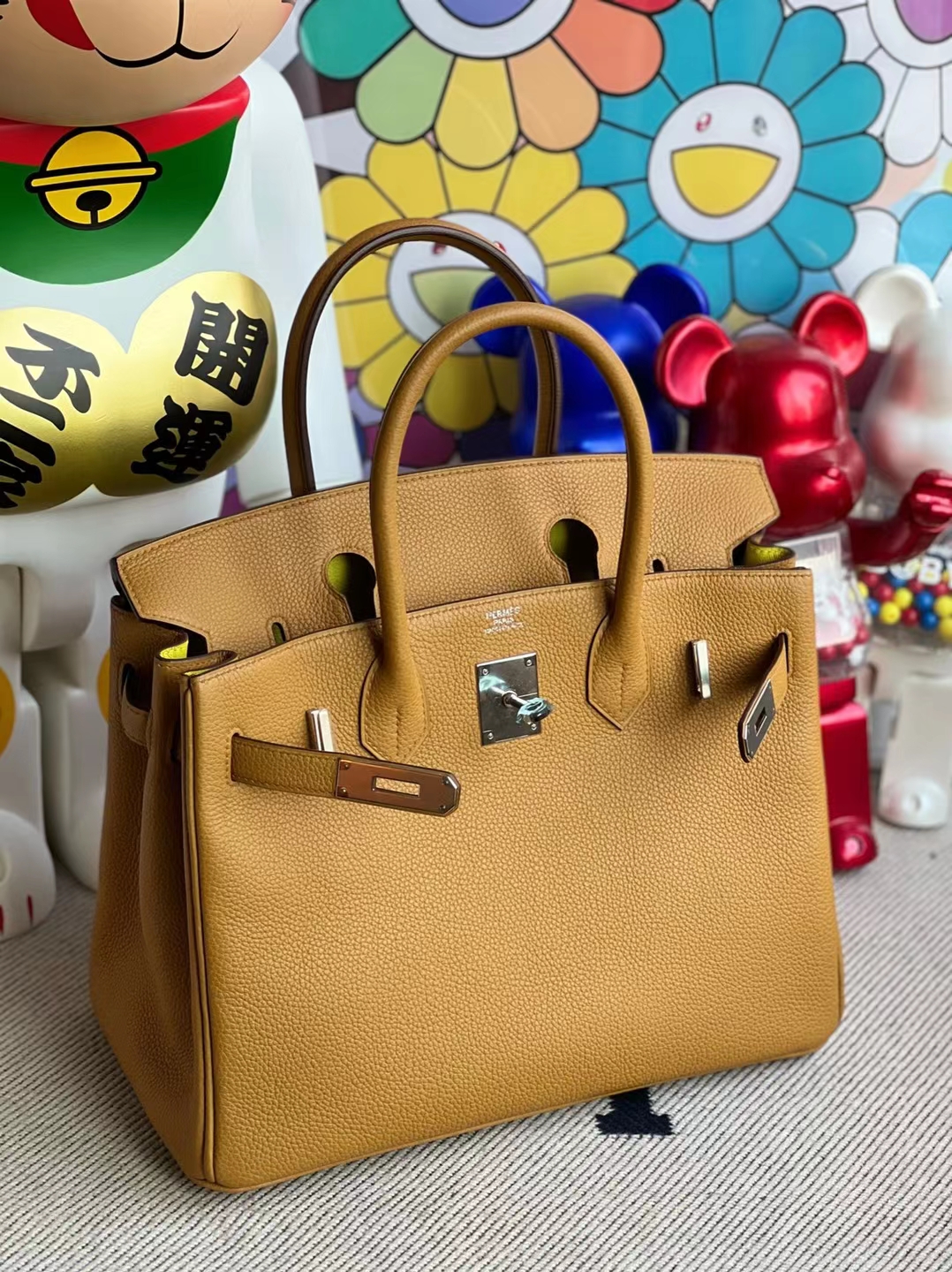 Uncle Bench Hermes Birkin Togo 2S Sesame & 9R Lemon yellow Silver Hardware 30cm Full Handmade