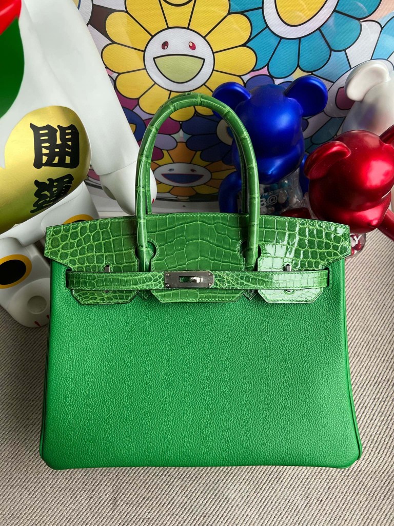 Uncle Bench Hermes Birkin Touch shiny crocodile Bamboo green Silver Hardware 30cm Full Handmade
