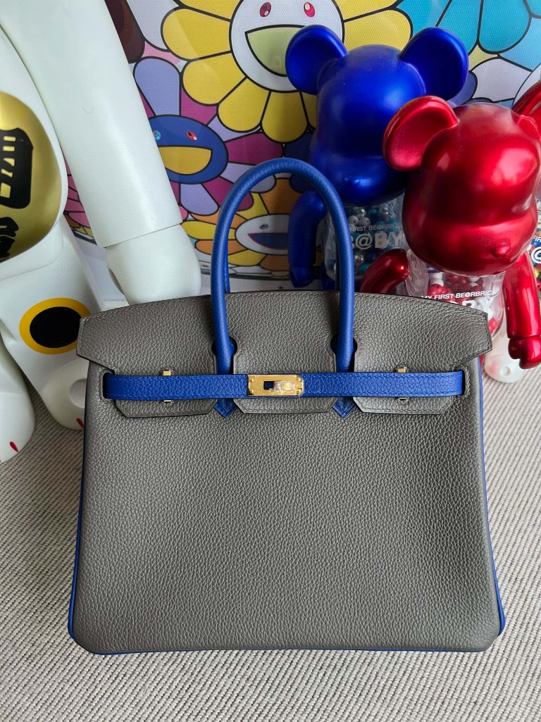 Uncle Bench Hermes Birkin togo 8F Etain & Blue Gold Hardware 25cm Full Handmade