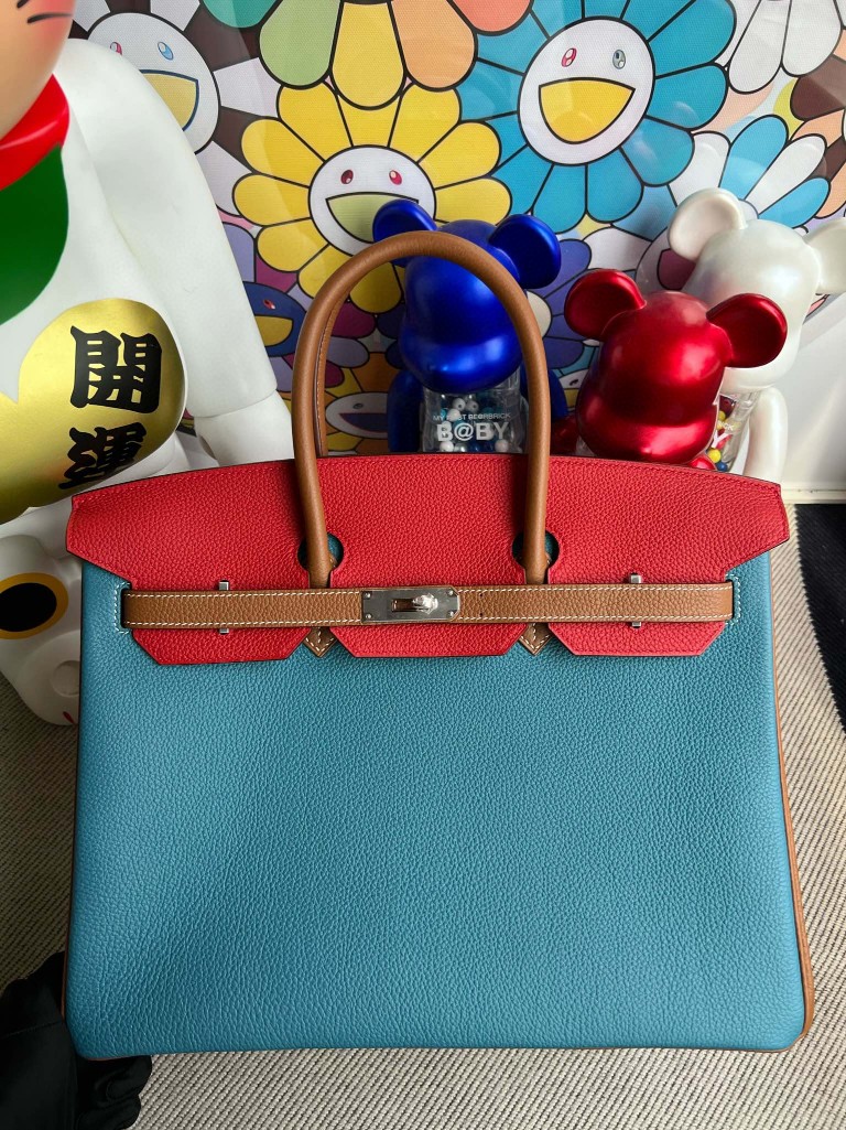Uncle Bench Hermes Birkin togo denim blue & Gold & Rouge Silver Hardware 35cm Full Handmade