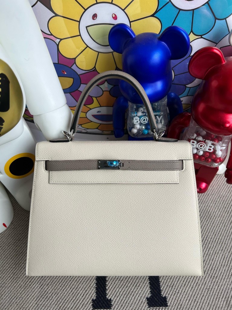 Uncle Bench Hermes Kelly Epsom ck10 creamy white & M8 Gris Asphalte Silver Hardware 25cm Full Handmade