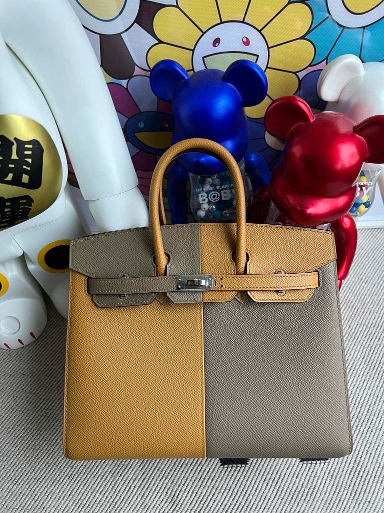 Uncle Bench Hermes Birkin Epsom Sesame & Etoupe & deep blue Silver Hardware 25cm Full Handmade