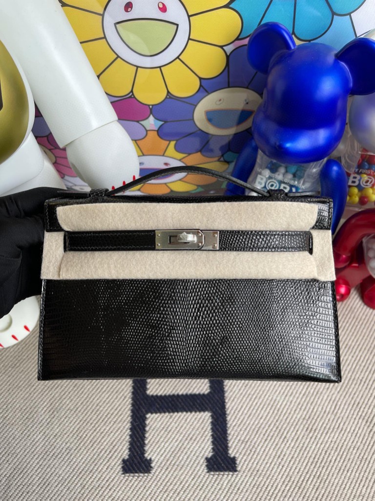 Uncle Bench Hermes Mini kelly pochette Lizard shiny ck89 Noir Silver Hardware 22cm Full Handmade