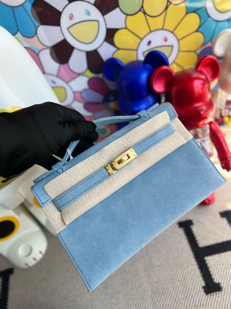 Uncle Bench Hermes Mini pochette suede chamois Blue Agate Gold Hardware 22cm Full Handmade
