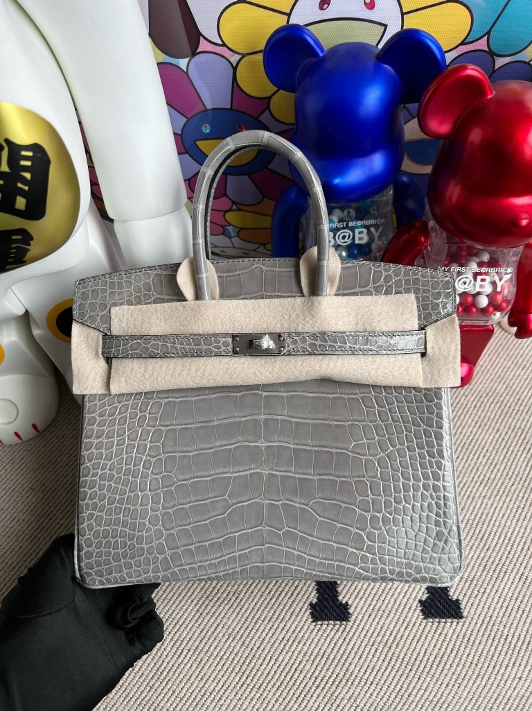 Uncle Bench Hermes Birkin Alligator shiny Glacier Gray Silver Hardware 25cm Full Handmade