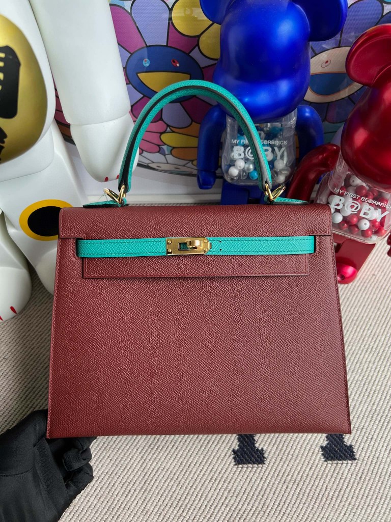 Uncle Bench Hermes Kelly Epsom Wire red & Velvet green Gold Hardware 25cm Full Handmade