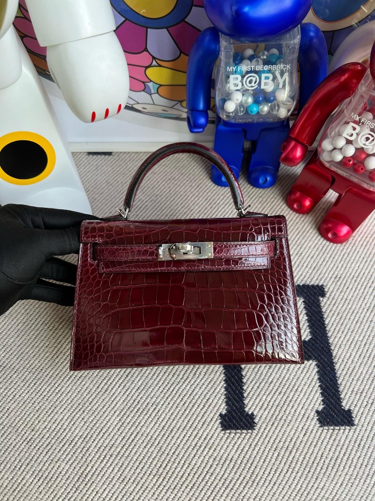 Uncle Bench Hermes Mini kelly ll Alligator shiny F5 Wire red Silver Hardware 19cm Full Handmade