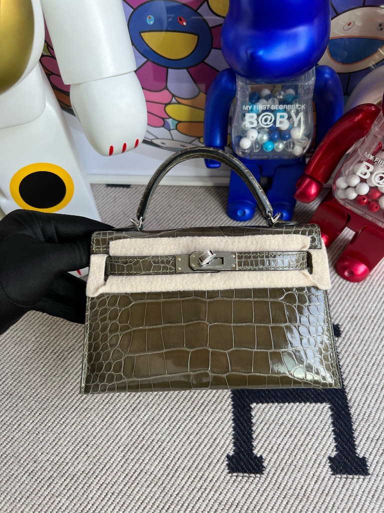 Uncle Bench Hermes Mini kelly ll Alligator shiny 6H Olive green Silver Hardware 19cm Full Handmade