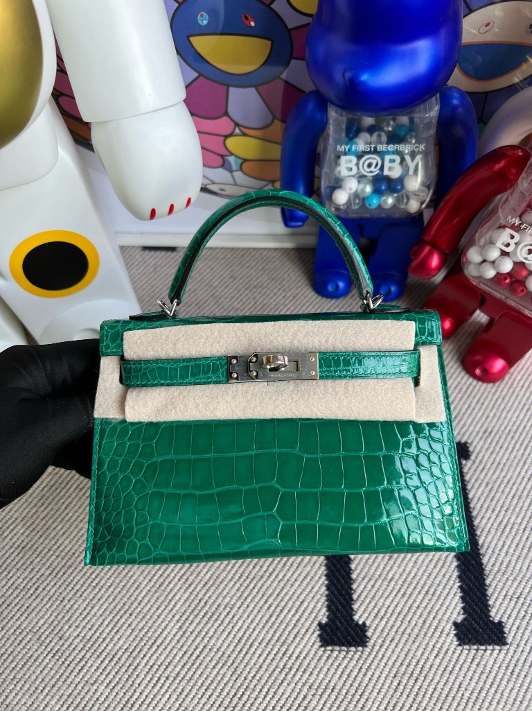 Uncle Bench Hermes Mini kelly ll Alligator shiny 6Q jade green Silver Hardware 19cm Full Handmade