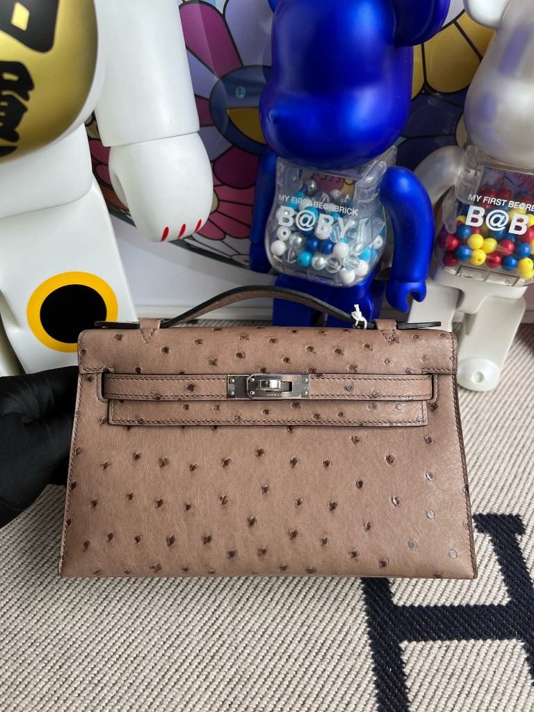 Uncle Bench Hermes Mini kelly pochette Ostrich kk Grey Silver Hardware 22cm Full Handmade