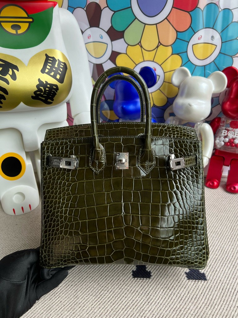 Uncle Bench Hermes Birkin Alligator shiny 6H Olive green Silver Hardware 25cm Full Handmade