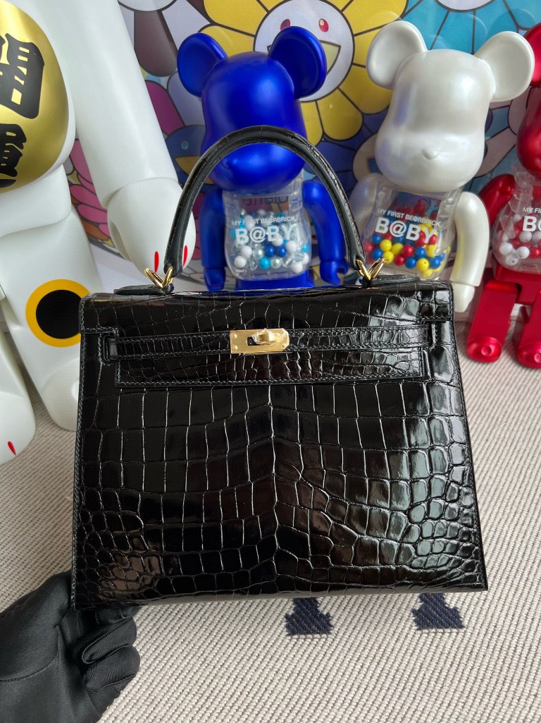 Uncle Bench Hermes Kelly Crocodile shiny ck89 noir Gold Hardware 25cm Full Handmade