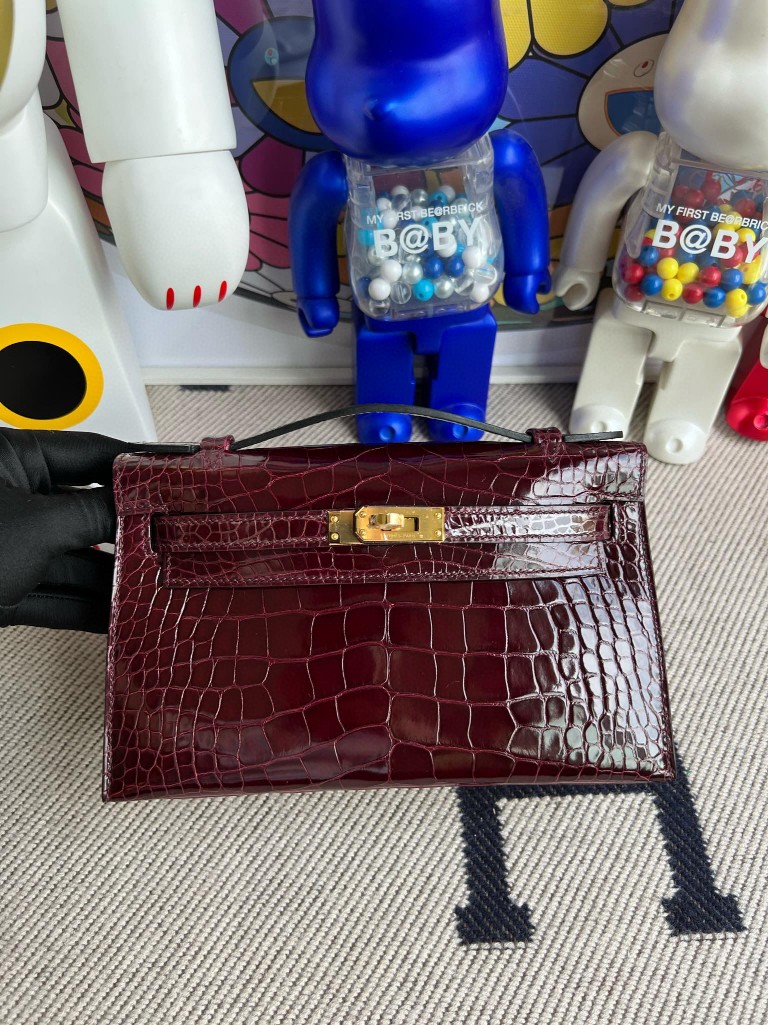Uncle Bench Hermes Mini pochette Alligator shiny Bordeaux Gold Hardware 22cm Full Handmade