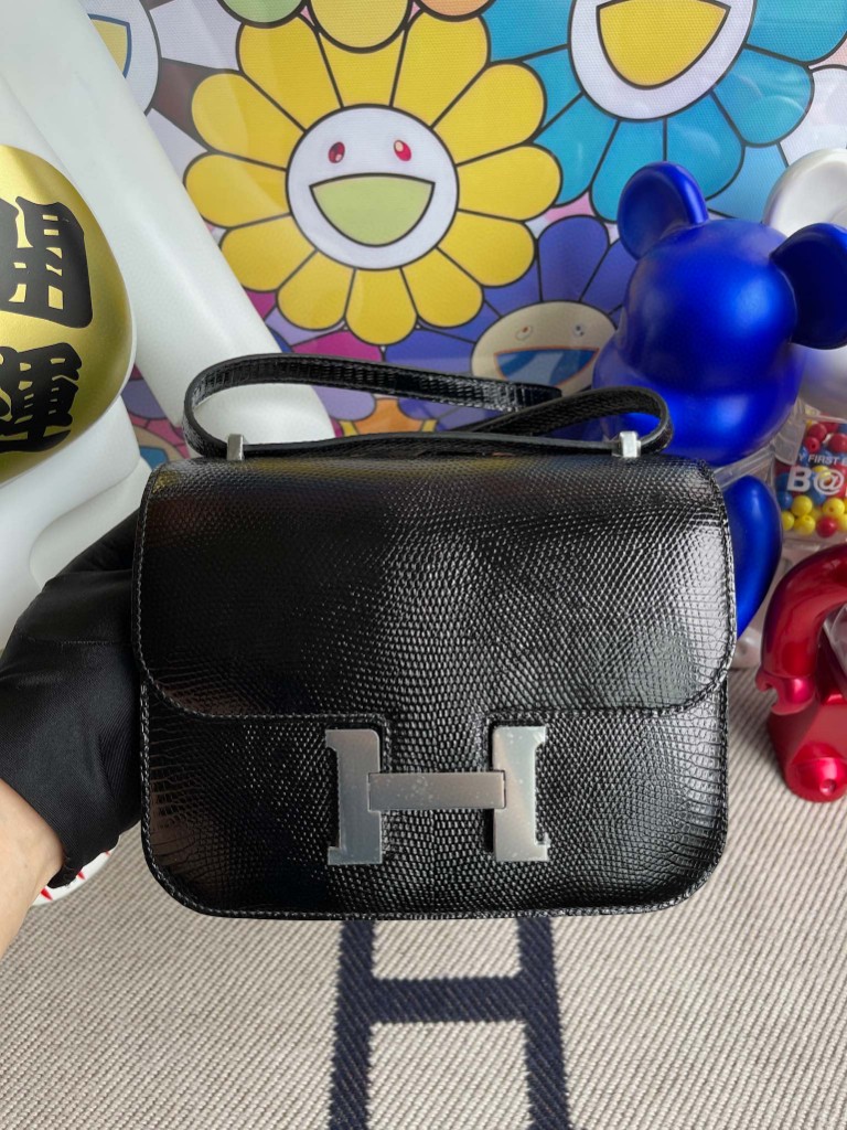 Uncle Bench Hermes Constance Lzard Shiny Black Silver Hardware 18cm Full Handmade