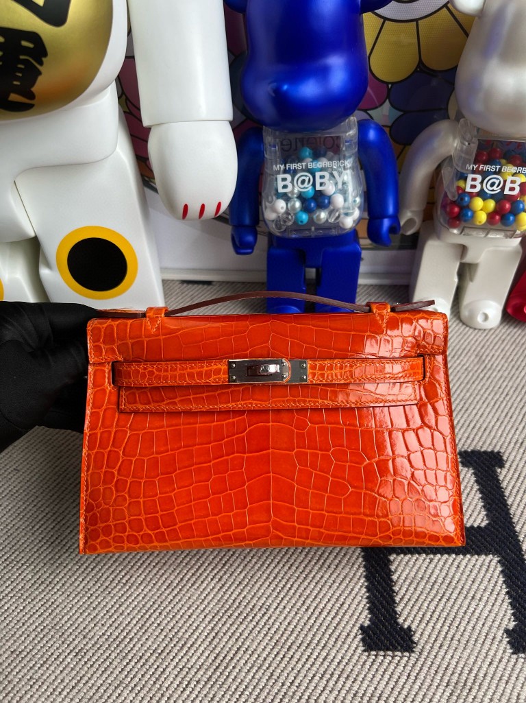 Uncle Bench Hermes Mini pochette Alligator shiny orange Silver Hardware 22cm Full Handmade