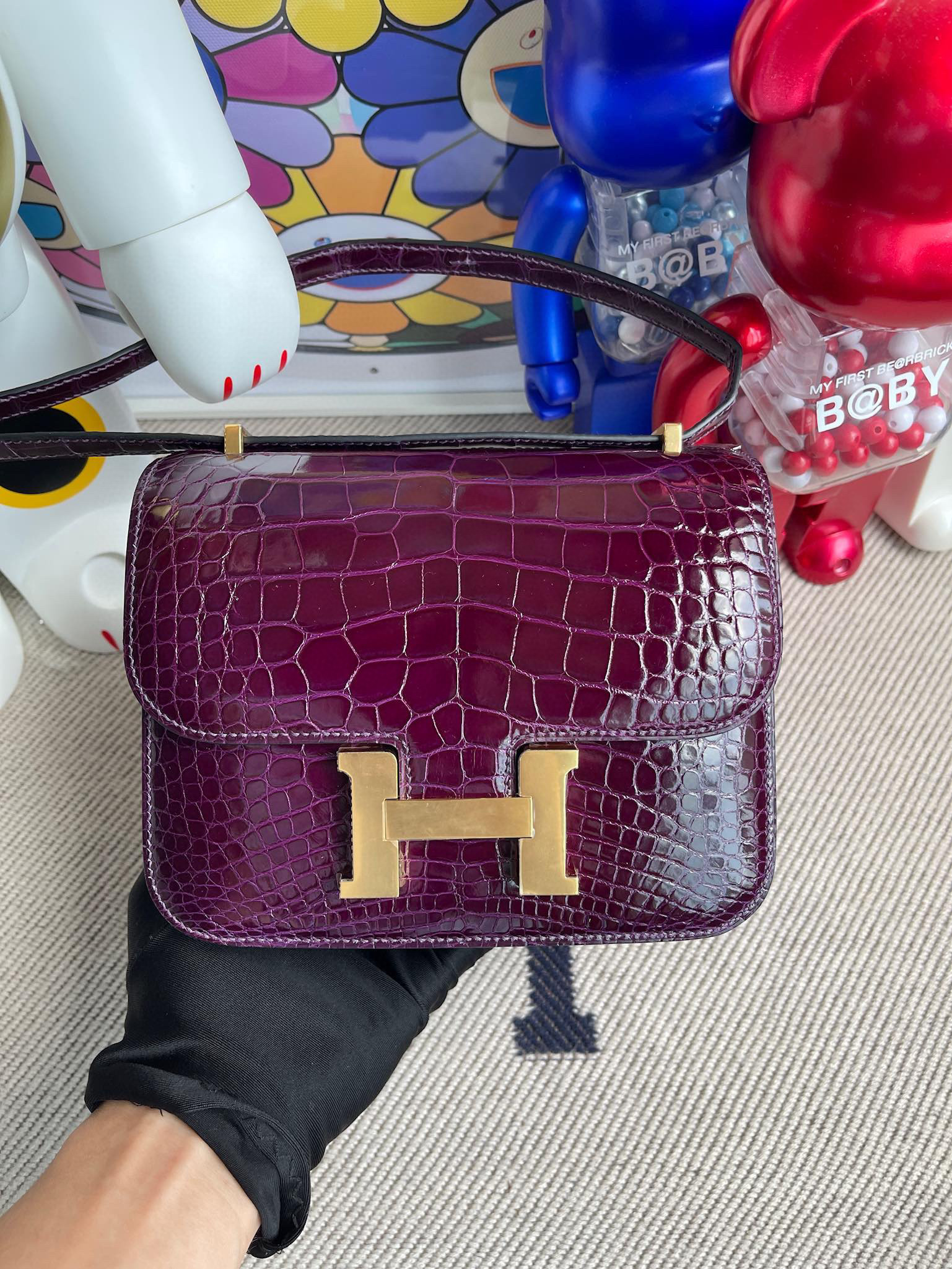 Hermes Constance 24CM Alligator Shiny Crocodile Gold Hardware Rose Purple
