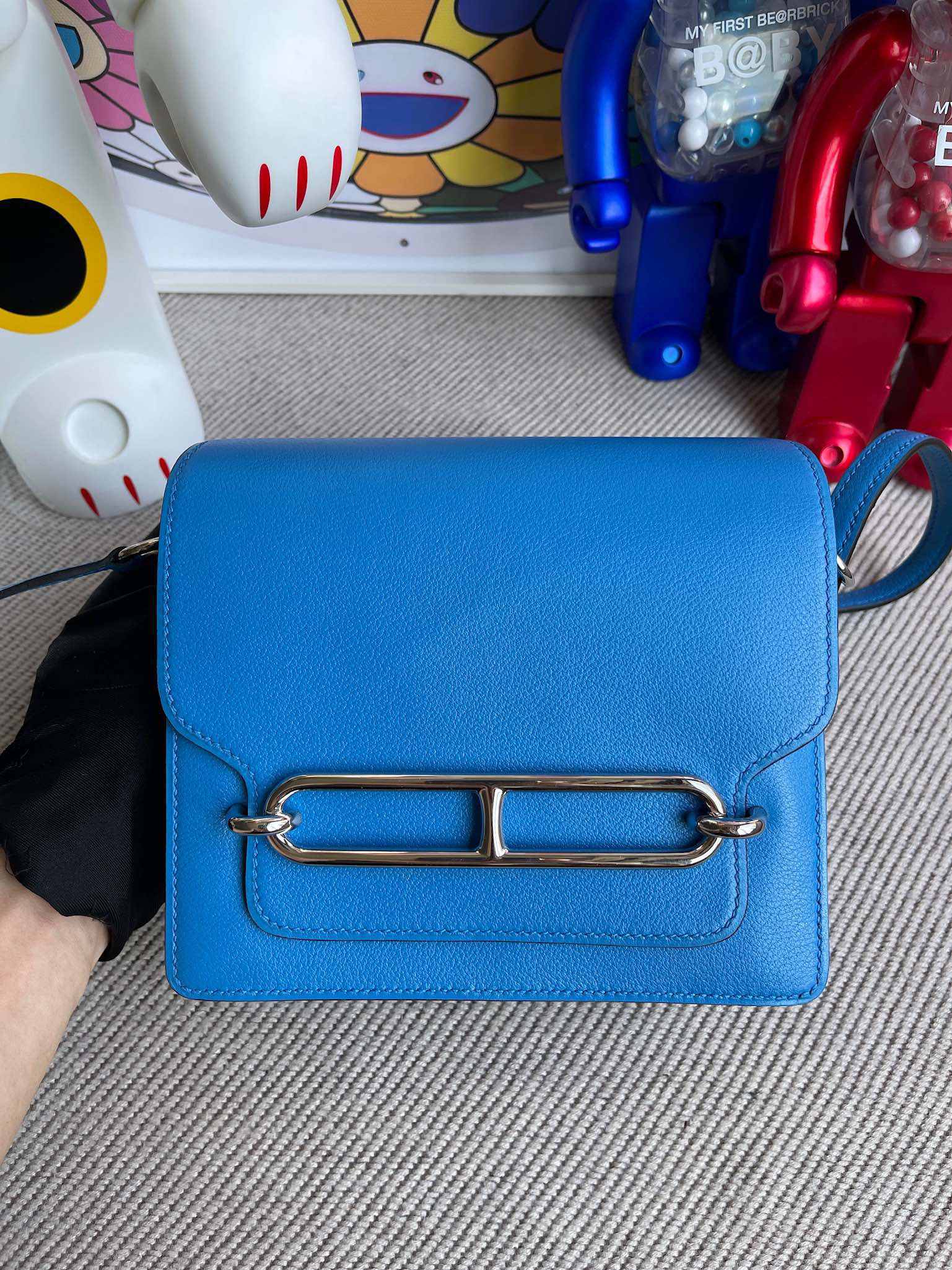 Hermes Roulis 18CM EverColor Leather 7T Blue Hydra / S3 Rose De Coeur Silver Hardware HandMade